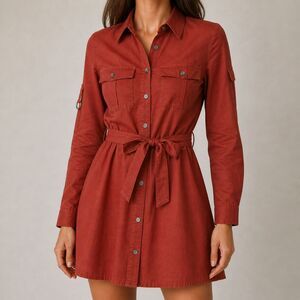 LIVE 4 TRUTH Shirt Dress Womens Large Red Belted Roll Sleeve